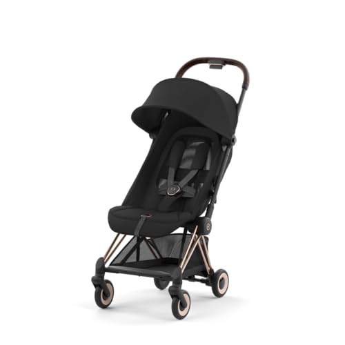 Image of Cybex Coya Compact Stroller, Lightweight One-hand Fold, Travel-Friendly Pram for Newborns, Infants, and Toddlers, Age 0-4 years, Flat Recline Position, One Pull Harness, Hand Luggage Compatible, Stroller (Sepia Black Rosegold Frame)