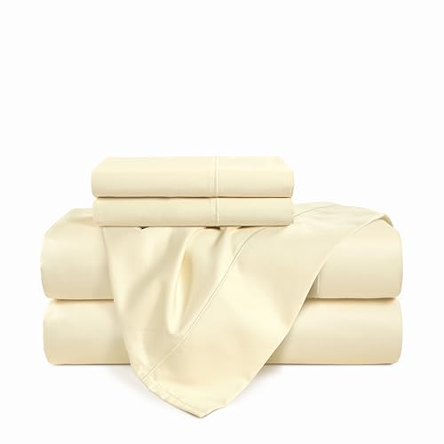 Casa Platino 100% Egyptian Cotton Sheets Twin Size Set - 4 Pcs (1 Flat, 1 Fitted, 2 Pillowcases)- Ultra Smooth Sateen Weave Bed Sheets Set with 15" Deep Pockets - Ivory