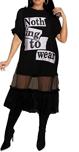 Womens Sexy 2 Pieces Letter Printed Dress Shirts Mesh Ruffles Cover Up Dress Bodycon Party Clubwear Dress Outfits Set