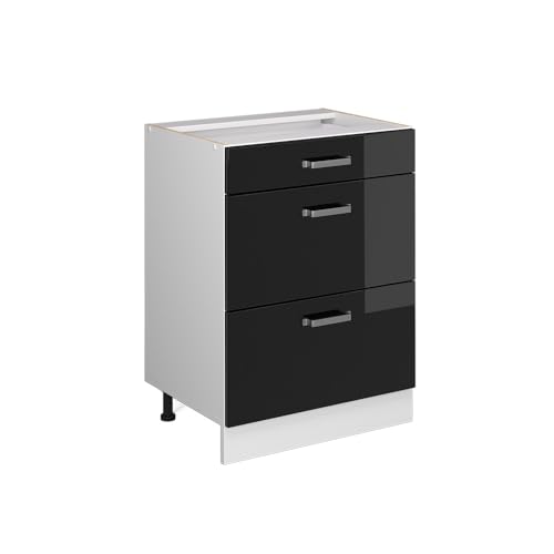 Vicco Meuble Cuisine R-Line, Noir Haute Brillance, 60cm avec tiroirs, sans PT, pour Une Combinaison Libre au Sein de systèmes de Cuisine modulaires