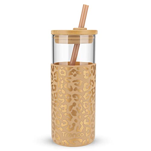 Tronco 20 oz Glass Tumbler with Lid and Straw, Iced Coffee Cup and Smoothie Cup with Bamboo Lids & Protective Silicone Sleeve, Dishwasher Safe, BPA-Free, Glass Cup 1 Pack