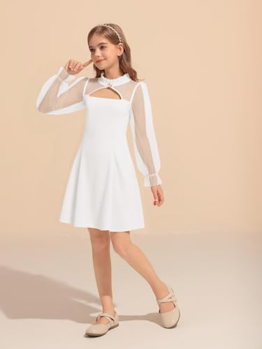 Haloumoning Girls Dresses Contrast Mesh Puff Long Sleeve Dress Kids High Waist A Line Wedding Party Dress 5-14Y4