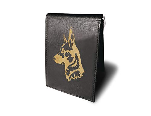 German Shepherd K-9 Police Army Dog Cowhide Leather Laser Engraved Engraving Minimalist Slim Money Clip Black RFID Blocking Front Pocket Leather Mens Wallets