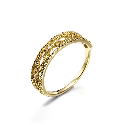 Grewod Damenring Gold 585 Echtgold Ring Vintage Hohl mit Rund Diamant Eheringe Verlobungsring Schmuck Größe 57 (18.1)