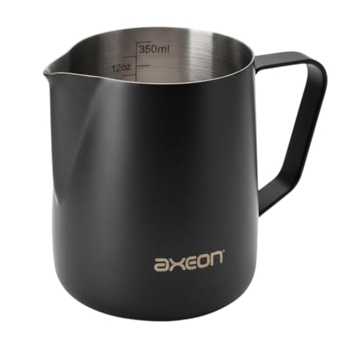 Image of Axeon Stainless Steel Milk Frothing Pitcher | Espresso Milk Frother Jug with Internal Scale & Matte Coating | V-Spout for Latte Art | Barista Steam Jug for Cappuccino & Coffee (Black, 350ml /12oz)