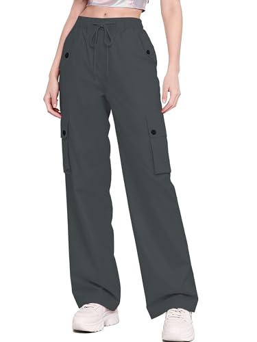 Image of Betusline Girls & Women's High Waist Wide Leg Cargo Pants Y2K Parachute Pants with Pockets and Drawstring 6 Years-Women 2XL