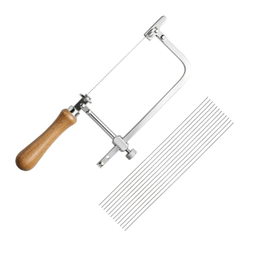 Sierra de Marquetería con 12 Hojas, Arco Ajustable 3–15 cm con Mango de Madera, Sierra Manual para Madera, Metal Blando, Modelismo, Joyería y Bricolaje