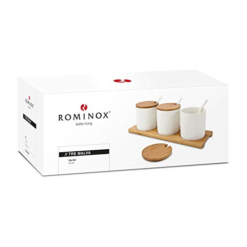 ROMINOX Geschenkartikel Dip-Set // TRE Malva – 10-teiliges Set, 3 Schalen, 3 Löffel und 3 Deckel, auf Servierbrettchen, für Dips, Saucen oder Marmeladen; Maße: ca. 28.5 x 9.5 x 9.2 cm