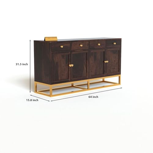 Image of Wooden Sideboard Cabinet for Living Room | Storage Cabinet with Drawers & Doors | Sheesham Wood Buffet Cabinet | Kitchen Cabinet for Home | Walnut Finish | 64 X 15.8 X 31.5 Inches