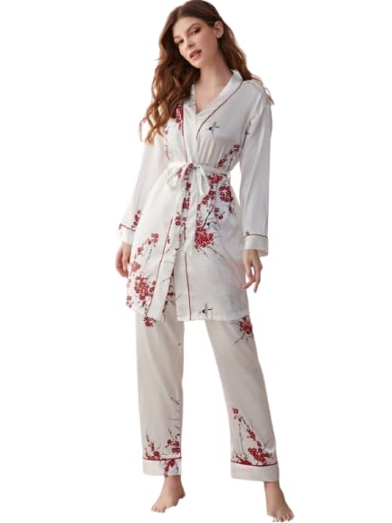 somniva Women's Floral Print Long Sleeve Pajama Set, White Cotton Night Suit with Red Flower Pattern, Sleepwear Loungewear-picture-51