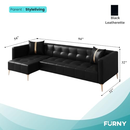 Image of FURNY Styliving 6 Seater Leatherette LHS L Shape Sofa Set (Black) Premium Finish Sectional Sofa | Comfortable & Durable | Ideal for Living Room