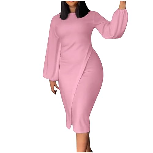 HGps8w Women's Bodycon Knee-Lenght Pencil Dress Elegant Lantern Long Sleeve Formal Office Work Midi Dresses