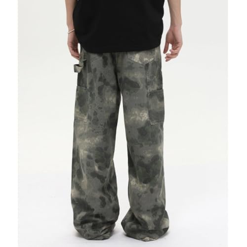 Men's Retro Camo Print Denim Baggy Pants Old Splicing Streetwear Wide Leg Cargo Jeans2