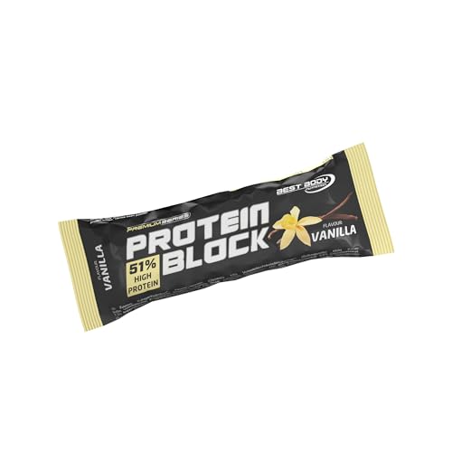 Best Body Nutrition Protein Block Riegel 15x90g Vanille Proteinriegel mit 51 % Eiweiß – Mit Vanillegeschmack & Schokoladenüberzug, Ohne Zuckerzusatz, Aspartamfrei, Eiweiß Snack unterwegs