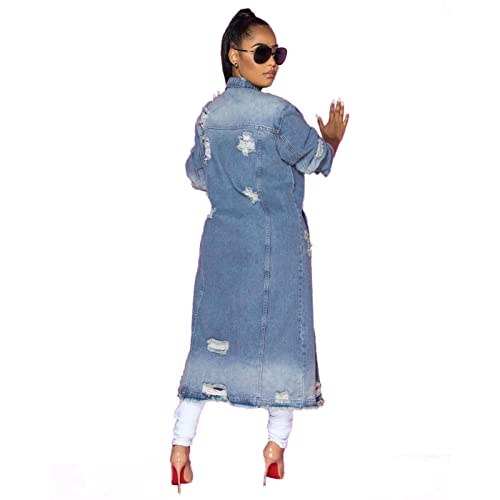 JEsilunmaMY Plus Size Jean Jacket for Women Long Sleeve Button Down Loose Denim Coat Loose Oversized Distressed Trench Coats2