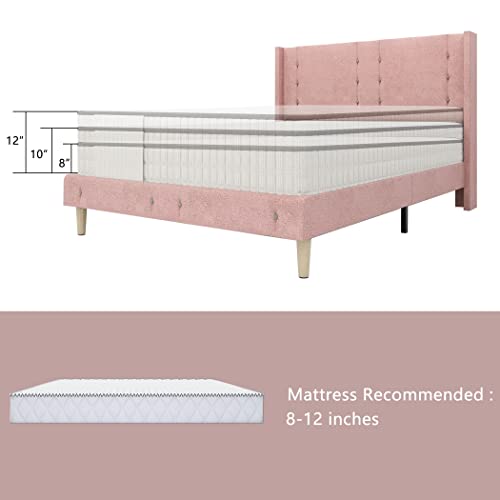 Olivae Queen Size Pink Upholstered Platform Bed Frame With Wingback/Vertical Line Button Tufted Headboard/Mattress Foundation/Wood Slat Support/No Box Spring Needed/Easy Assembly, Leathaire #TOP7