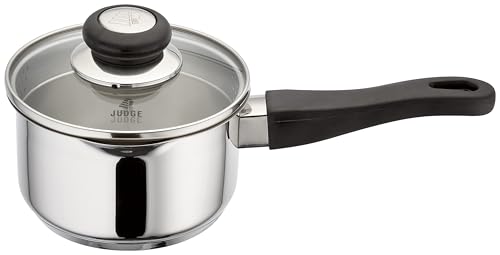 Judge Vista Draining Stainless Steel Medium Saucepan with Pouring Lip 14cm 1L, Shatterproof Glass Strain & Pour Lid, Induction Ready, Oven Safe