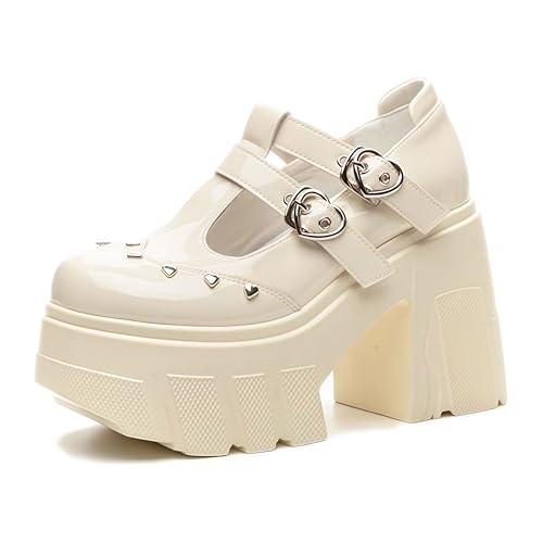 Women's Chunky Platform T-Strap Mary Jane Pumps with Adjust Love Buckle Fashion Love Rivets Comfort Round Toe Chunky Heel Lolita Gothic Punk Cosplay Princess Mary Janes for Party Prom Date