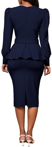 Image of Dresses for Women Elegant Long Sleeves Ruffles Pencil Knee Length Split Business Dress with Belt Zipper