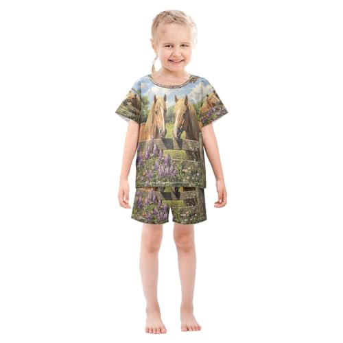 ALAZA Horse Butterfly Blossom Floral Pajamas Set Short Sleeve Cotton Sleepwear Summer Pjs 2 Piece 5-14Y3