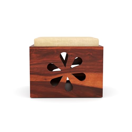 Image of Sheesham Wooden Coffee Center Table with 2 Stool Seating for Home Furniture | Solid Wood Center Table for Living Room, Hallway and Office Furniture Table | Flower- in Honey Finish