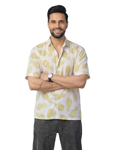 Image of BROWN CULTURE Men Relaxed Fit Shirt | Cotton Blend Oversized Casual Shirts for Men | Loose Fit Printed Half Sleeve Fashion Shirts | Stylish Graphic Printed Everyday Streetwear Top