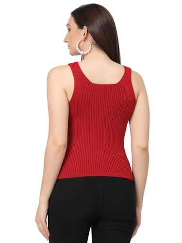 Image of Kalt Women Knitted, Ribbed Cotton Fitted Sleeveless V-Neck Cami Tank Top for Women Stylish