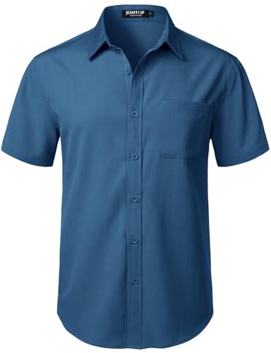 JEMITOP Mens Stretch Wrinkle Free Short Sleeve Texture Shirts Summer Casual Stylish Lightweight Button Down Beach Vacation Shirt Dark Blue XL