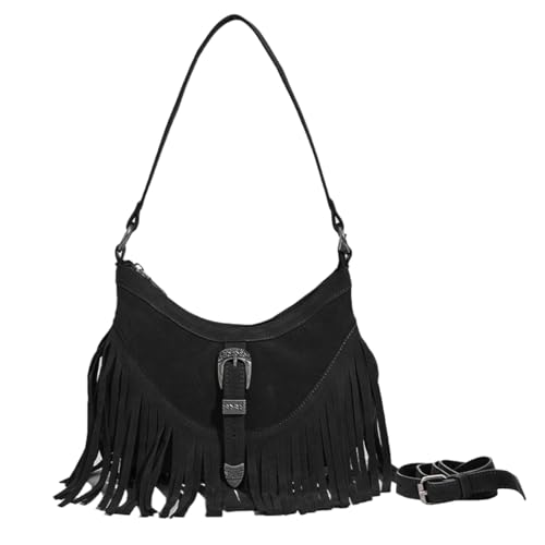 Sunwel Fashion Women Western Small Fringe Underarm Purse Shoulder Bag Vegan Suede Hippie Crossbody Bag with Tassel (black)