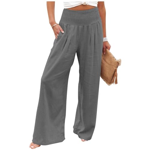 Basysin Linen Pants Women Solid High Waisted Pant Stretchy Wide Leg Pocket Palazzo Pants Casual Comfy Beach Pants Trousers