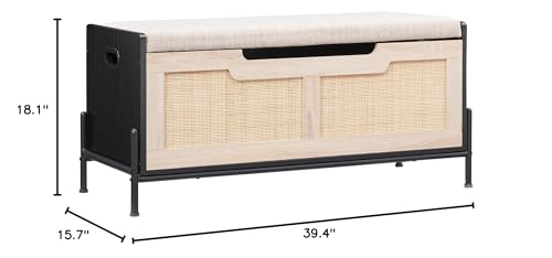 GAOMON 39.4" Storage Benches Rattan Entryway Bench with Cushion, 2 Safety Hinges, Storage Trunk, Shoe Bench Storage Chest for Entryway, Living Room, Bedroom, Oak & Black