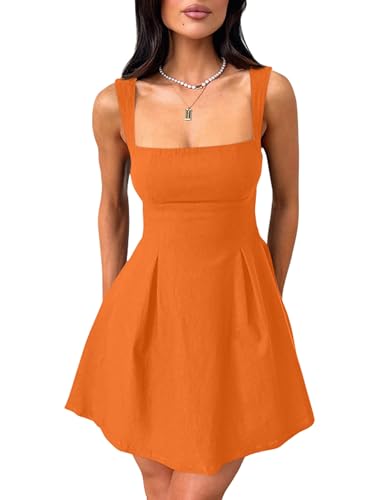 Image of YMDUCH Women's Sexy Sleeveless Square Neck Adjustable Straps Bow Tie A-line Mini Party Club Dress