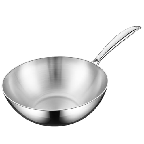 Bxzzuis 中華鍋 食品グレード 316 ステンレス鋼 中華鍋 家庭用 コーティングなし平底中華鍋 焦げ付き防止中華鍋 三層構造 ガス火電磁調理器対応 家庭用 業務用 プログレード調理鍋 (カバー無し,26cm)