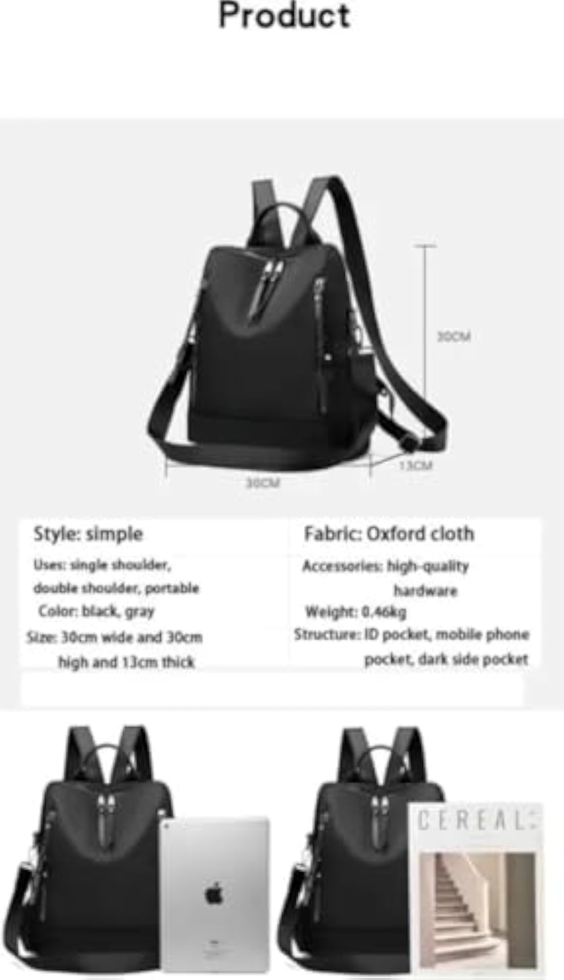 Medium 25L Laptop Backpack for Women, Stylish Black College Bag