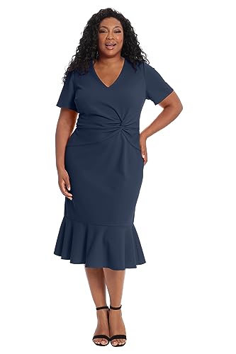 Image of London Times Women's V-Neck Dress - Flounce Hem, Twist Waist, Elegant Office & Event Wear
