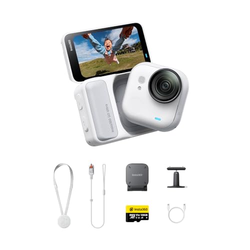Insta360 GO Ultra Pack Base Bianco Artico- action cam mini 4K a mani libere, indossabile, superba in bassa luce, montala ovunque, stabilizzazione FlowState, 200 min di carica, impermeabile 10m
