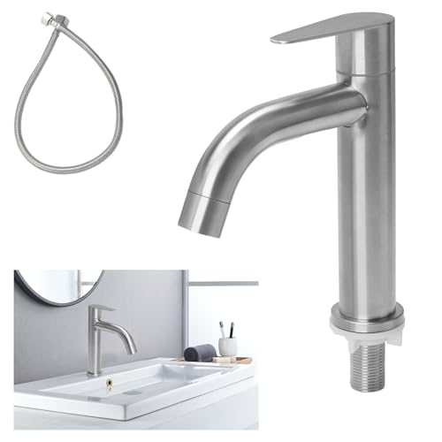 Minnhua Robinet Eau Froide Acier Inoxydable, Robinet Lave Main Eau Froide avec Tuyau, Robinets Salle Bain Poignée Unique, Mitigeur Lavabo pour WC Invités, Salle Bain (Sortie Courbe)