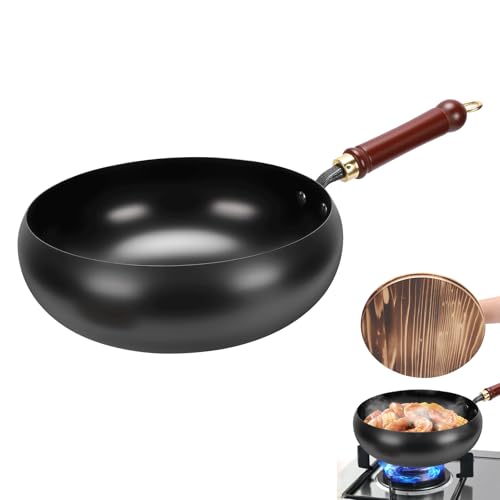Gugxiom Poêle japonaise en fer avec couvercle en bois, 28 cm, sans revêtement, avec spatule, poêle wok en fonte forgée à la main pour cuisinières électriques/à induction/cuisinières à gaz (couvercle