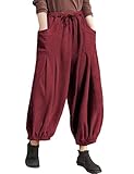 TARSE Womens Corduroy Pants Harem Casual Loose Fit Baggy Elastic Waist Lantern Fall Pants with Pockets(Wine, M)