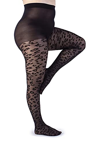 LEELA LAB Strumpfhose Damen mit Leopardenmuster Große Größen 30 Denier, Bequem und Langlebig - Made in Italy (Blackblack, 7) Cover