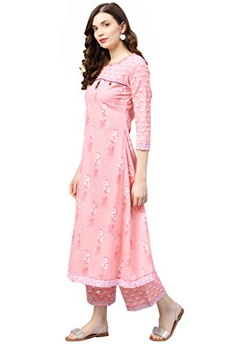 Image of ishin Women's Pure Cotton Anarkali Printed Thread Work Floral print Pink Kurta suit set with Palazzo