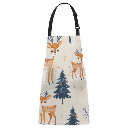 Aglebo Cute Watercolor Deer Christmas Tree Chef Apron with Pockets Adjustable Shoulder Strap Waterproof Cooking Apron for Kitchen Baking Gardening Pottery Painting