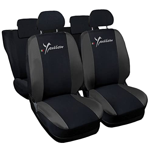 Autoaccessori Copri-sedili Auto Compatibili Ypsilon Y | Set Copri-Sedile Anteriori e Posteriori | Logo Ricamato | Airbag Compatibile | Accessori Auto Interno (Nero Grigio Scuro)