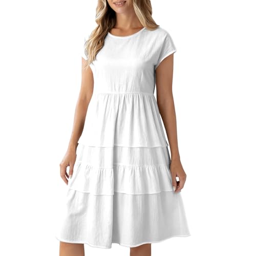 Elegant Solid White Tiered Sundress Lightweight Relaxed-Fit Empire Waist Classic
