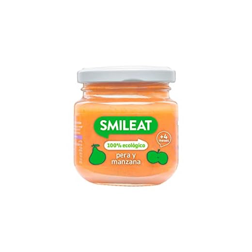 Smileat - Tarrito Ecológico de Frutas, con Trocitos e Ingredientes Naturales, para Bebés desde 4 Meses, Sano y Saludable, sin Gluten, Sabor a Pera y Manzana - Tarro de 130 g
