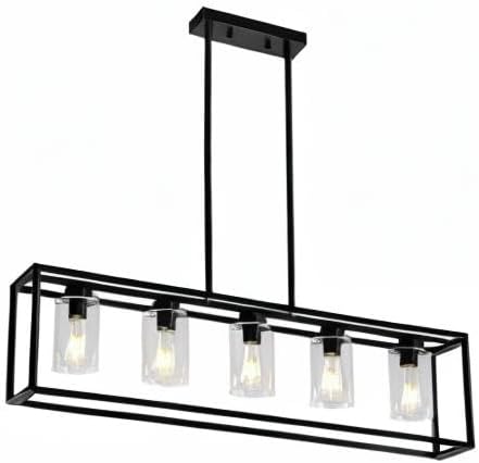 Miniatura 8 de Sivilynus Lámpara colgante de 5 luces negras para comedor, moderna isla de cocina, iluminación lineal, lámpara de granja con pantalla de vidrio