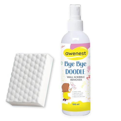 Image of Awenest Magic Eraser, Bye Bye Doodle Cleaning Spray Combo | Plant-Based Mark Remover for Crayon, Watercolor, Sketch Pen & Fresh Fabric Colors | For Smooth Painted Walls, Laminates & Tiles