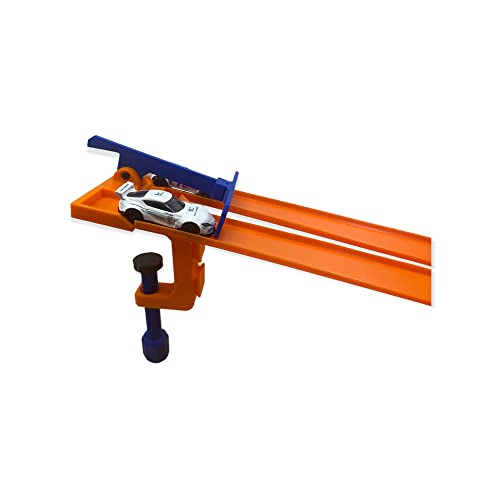 clamp with 2 lane starter gate compatible with hot wheels cars and track blueorange