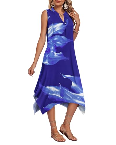Image of AUSELILY Womens Summer Midi Dress V Neck Sleeveless Casual with Pockets | Flowy womens summer dress with asymmetrical hem, great for beach, vacation and daily wear