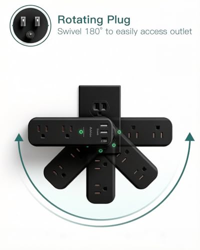 Image of Addtam Surge Protector Outlet Extender with Rotating Plug | 6 AC Outlets & 3 USB Ports, 1800J Wall Power Strip, 3-Sided Spaced Outlet Splitter for Home, Office, Travel, Black